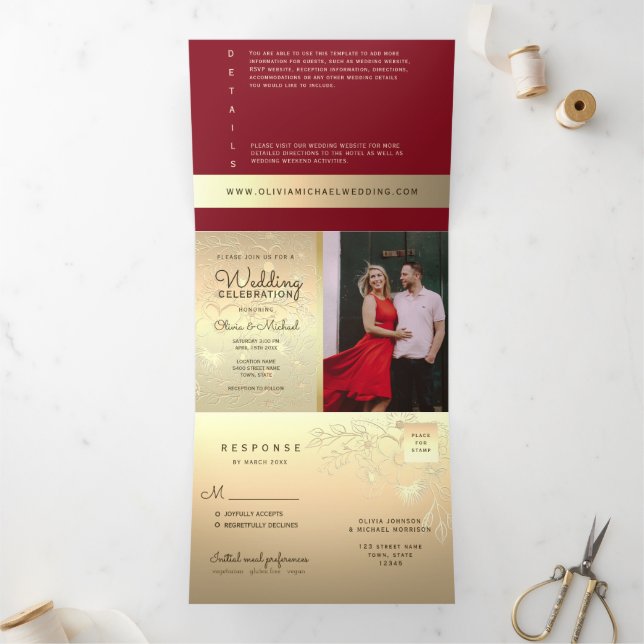 Faire-part de mariage triptyque photo Or Bourgogne (Intérieur)