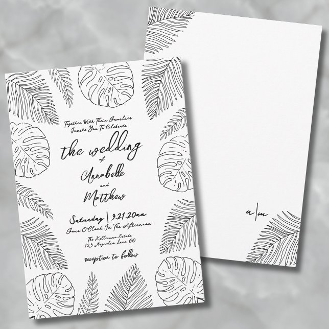 Faire-part de mariage tropical (Hand Drawn Leaves Tropical Wedding Invitation)