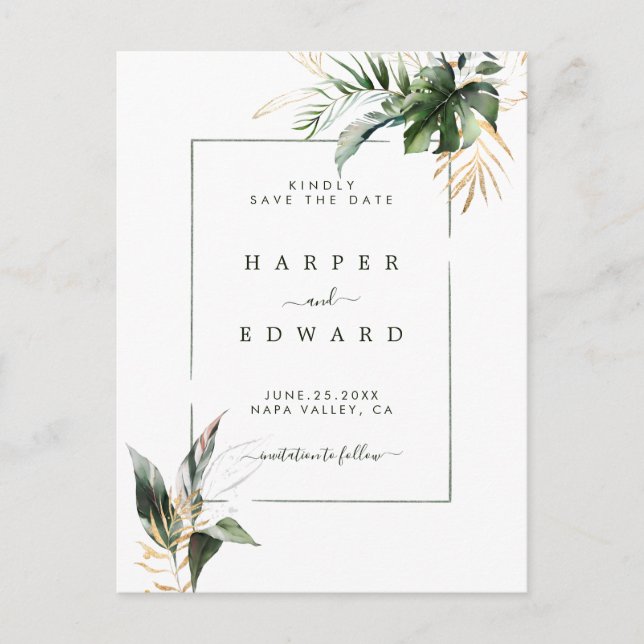 Faire-Part de Mariage Tropical à Aquarelle avec Fe (Devant)