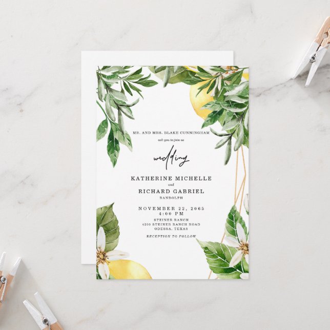 Faire-part de mariage tropical à feuillage méditer (Devant/Arrière en situation)