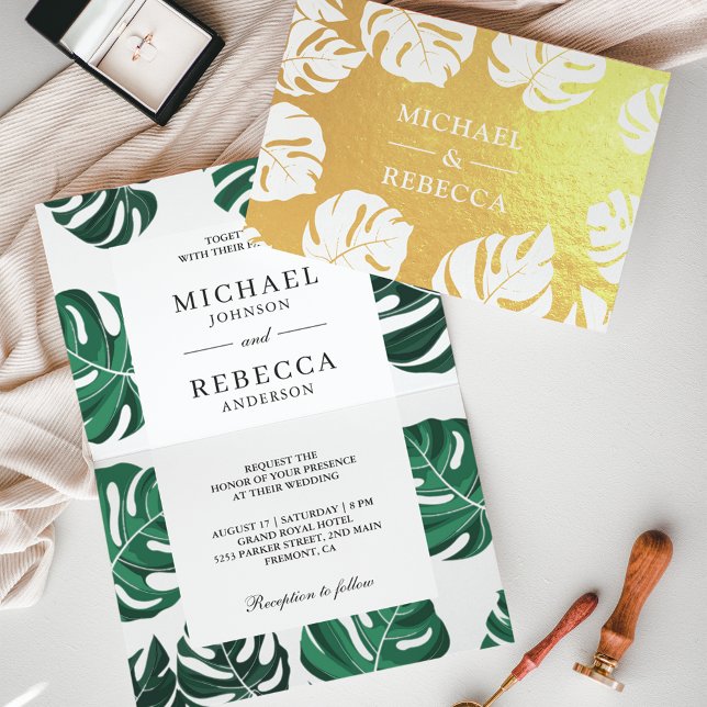 Faire-part de mariage tropical à feuilles d'or Mon (Créateur téléchargé)