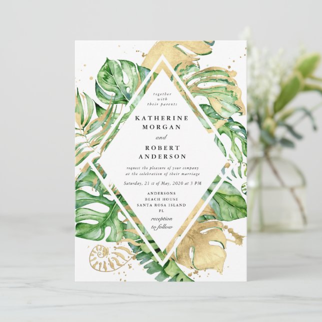 Faire-part de mariage Tropical Golden Foliage (Debout devant)
