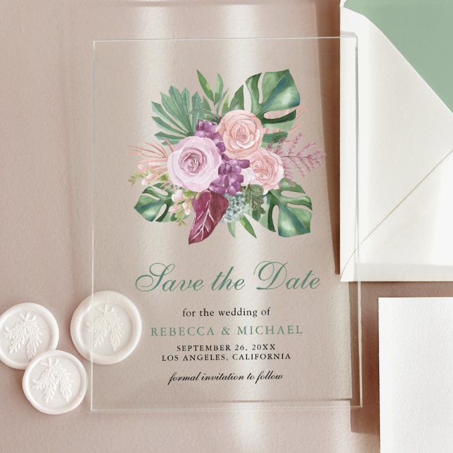 Faire-part de mariage tropical Monstera Roses rose (Créateur téléchargé)