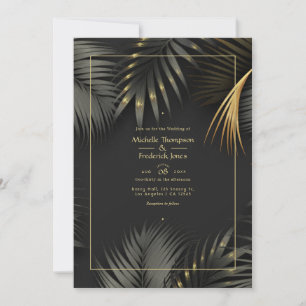 Faire-part de mariage tropical noir et or