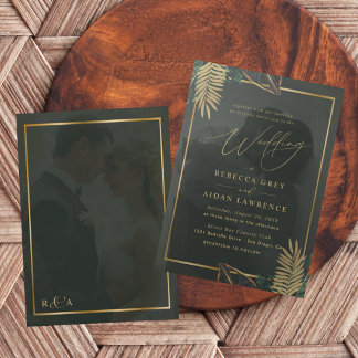Faire-part de mariage tropical or vert foncé