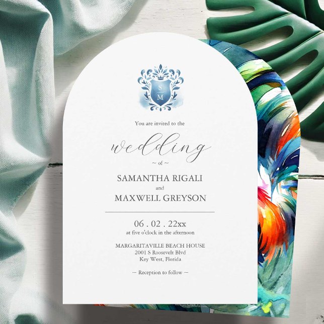 Faire-part de mariage tropicale inspirée par l'Oue (Destination wedding invitations Key West inspired art by Victoria Grigaliunas Do Tell A Belle)