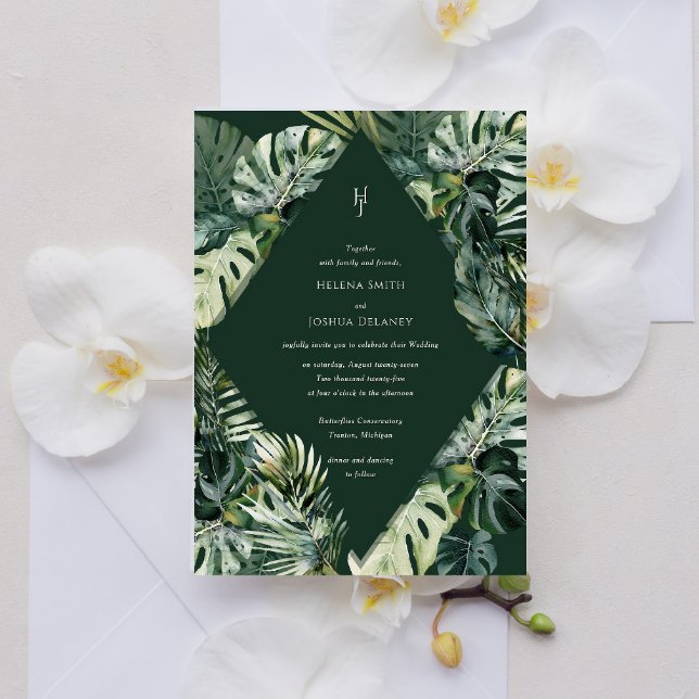 Faire-part de mariage tropicale, Moody Botanical (Tropical wedding invitation modern - Emerald green)