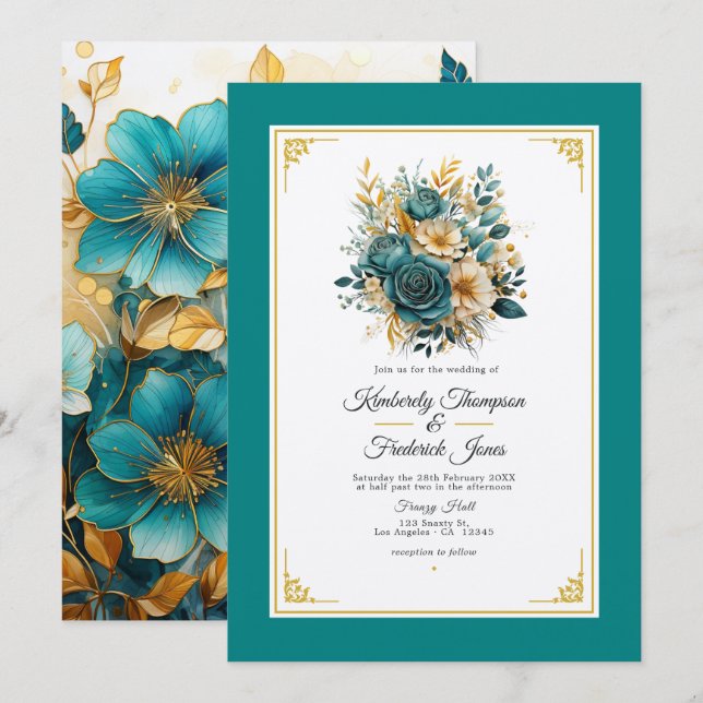 Faire-part de mariage turquoise et or floral (Devant / Derrière)