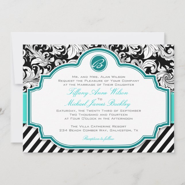 faire-part de mariage turquoise noir blanc damassé (Devant)