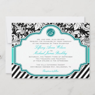 faire-part de mariage turquoise noir blanc damassé