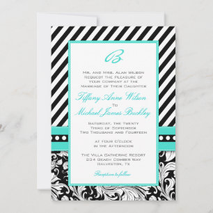 faire-part de mariage turquoise noir blanc damassé