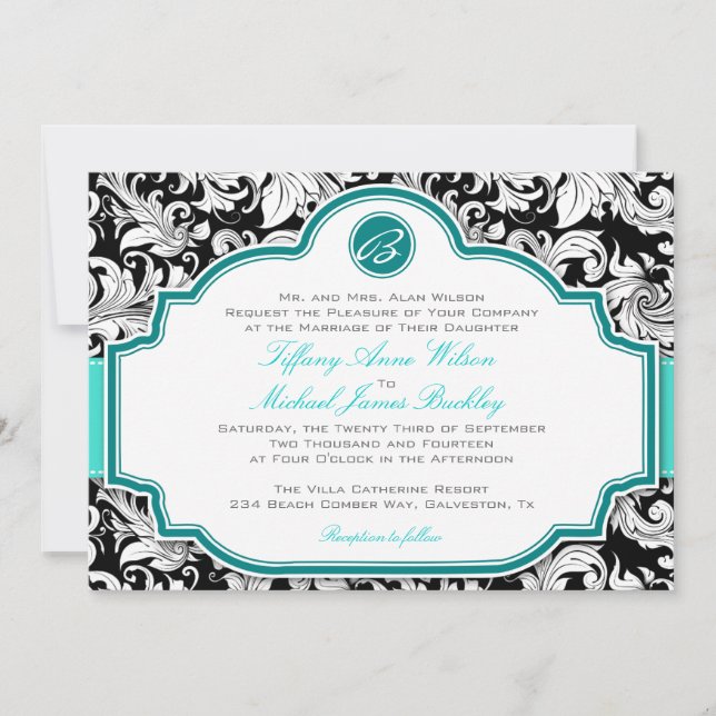 faire-part de mariage turquoise noir blanc damassé (Devant)