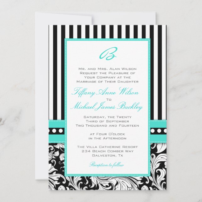 faire-part de mariage turquoise noir blanc damassé (Devant)