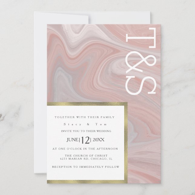 Faire-part de mariage typographie or blush liquide (Devant)