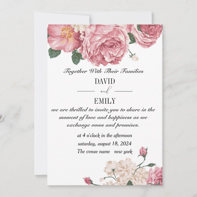 Faire-part de mariage unique avec Roses rouges et  (Devant)