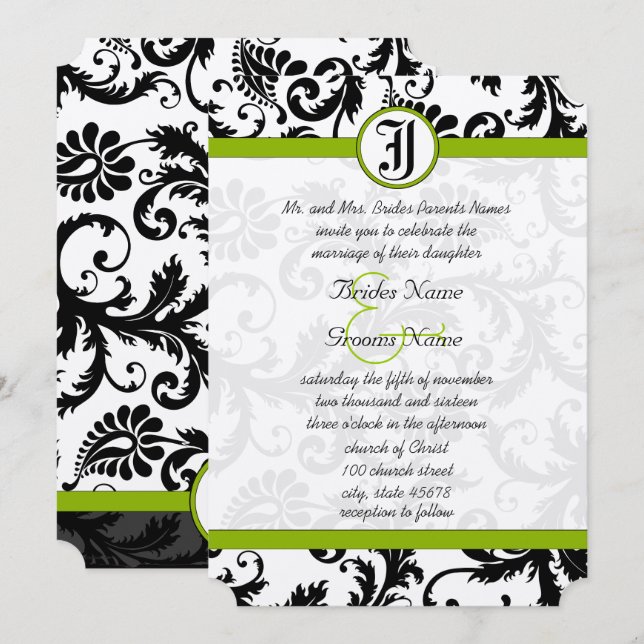 Faire-part de mariage unique vert pomme noir damas (Devant / Derrière)