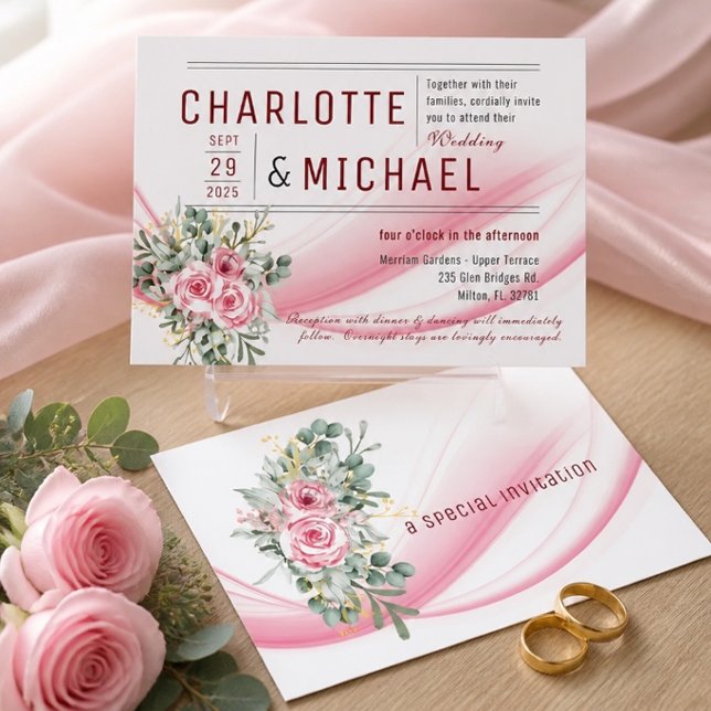 Faire-part de mariage vague rose et floral (Créateur téléchargé)