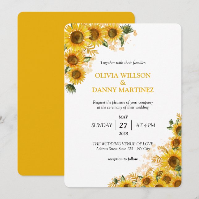 Faire-part de mariage végétale de tournesol (Devant / Derrière)