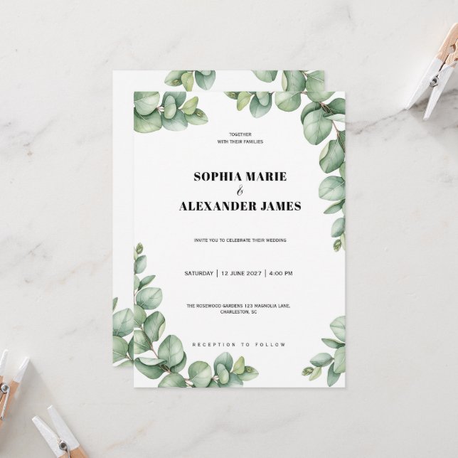 Faire-part de mariage verdure éclat eucalyptus (Devant/Arrière en situation)