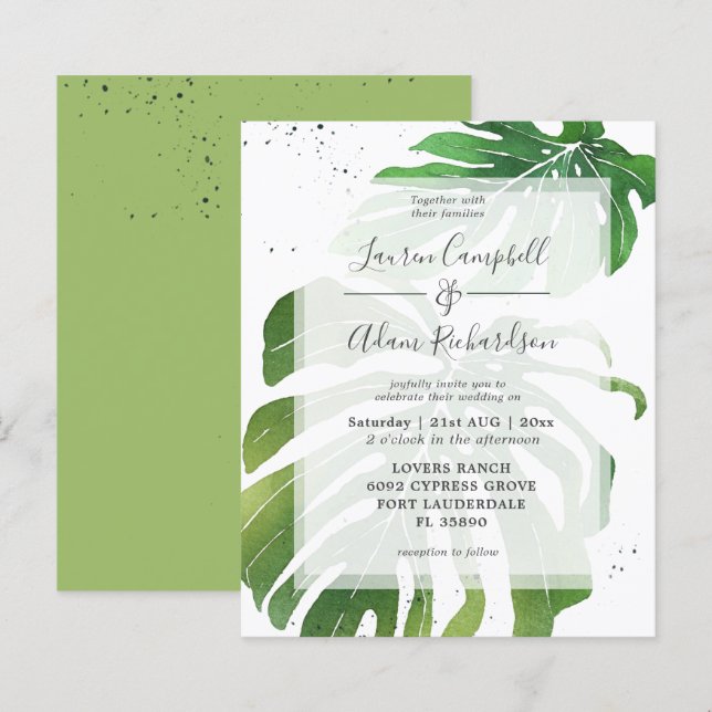 Faire-part de mariage vert à feuillage tropical de (Devant / Derrière)