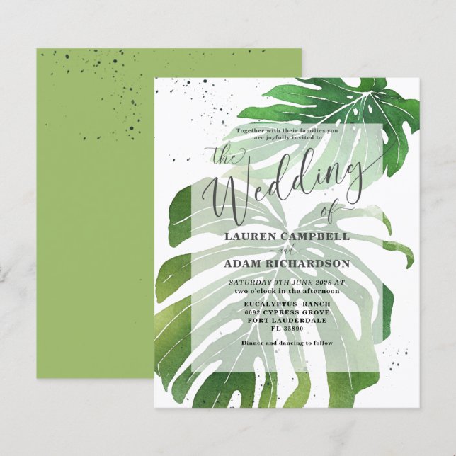 Faire-part de mariage vert à motif de feuillage tr (Devant / Derrière)