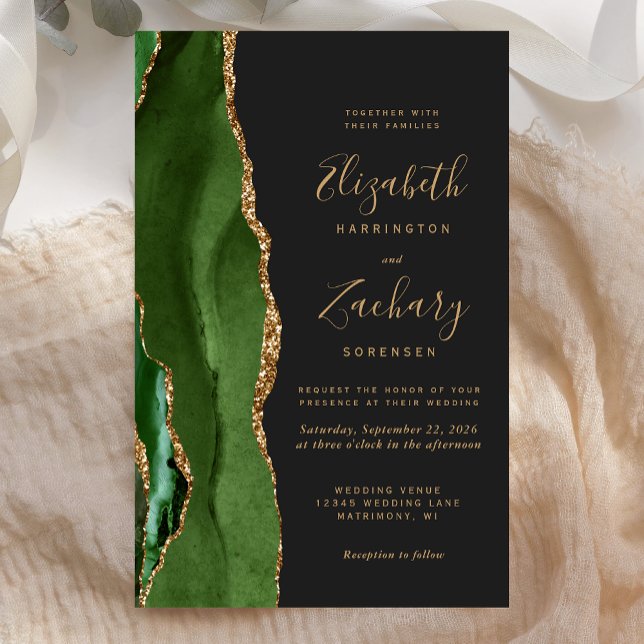 Faire-part de mariage vert chasseur agate or foncé (Créateur téléchargé)