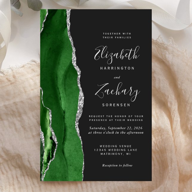 Faire-part de mariage vert chasseur argent agate s (Créateur téléchargé)