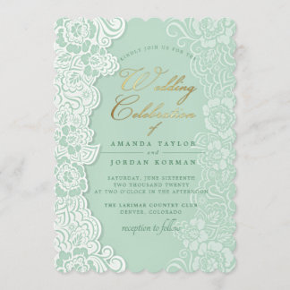 Faire-part de mariage vert dentelle florale