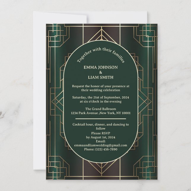 Faire-part de mariage vert émeraude des années 20  (Devant)