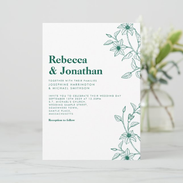Faire-part de mariage vert émeraude floral minimal (Debout devant)