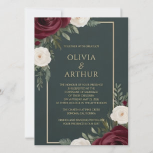 Faire-part de mariage vert émeraude foncé et burgu