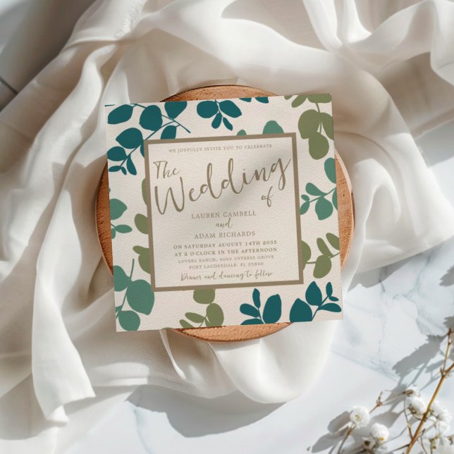Faire-part de mariage vert et or eucalyptus bohème (Créateur téléchargé)