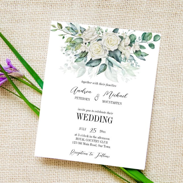 Faire-part de mariage vert eucalyptus blanc roses (Créateur téléchargé)