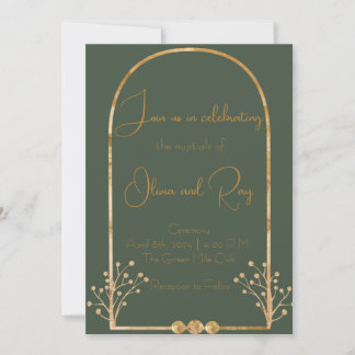 Faire-part de mariage vert foncé et or