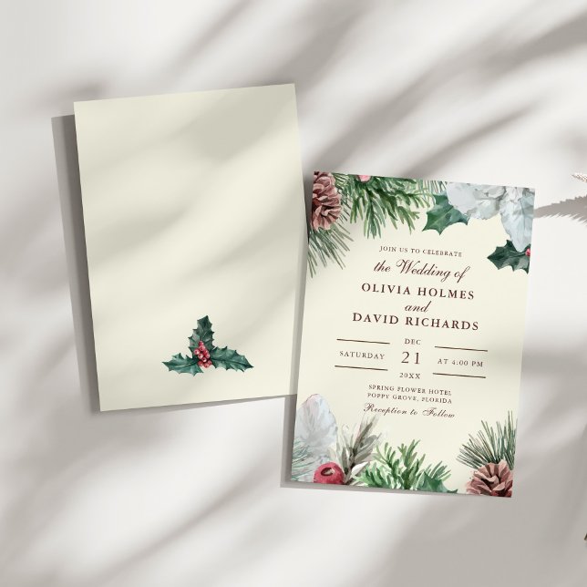 Faire-Part de Mariage Vert Hivernal (Winter Greenery Wedding Invitation on a sunny white table.)
