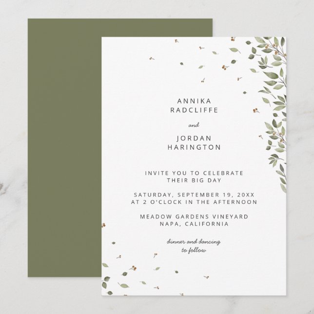 Faire-part de mariage vert minimal organique moder (Devant / Derrière)
