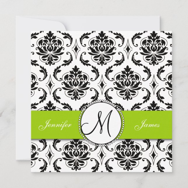 Faire-part de mariage vert noir Damas (Devant)