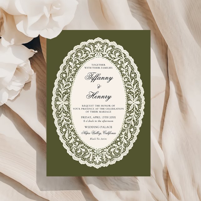 Faire-part de mariage vert olive dentelle (Créateur téléchargé)