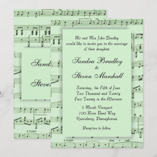 Faire-part de mariage vert papier à musique