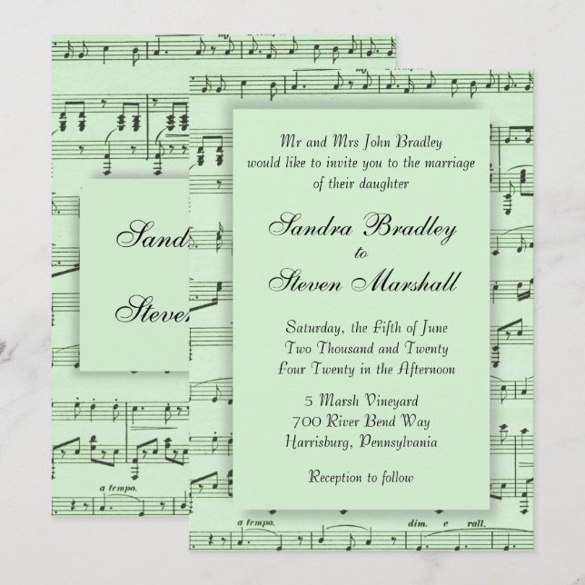 Faire-part de mariage vert papier à musique (Devant / Derrière)