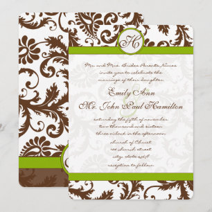 Faire-part de mariage vert pomme et marron damassé