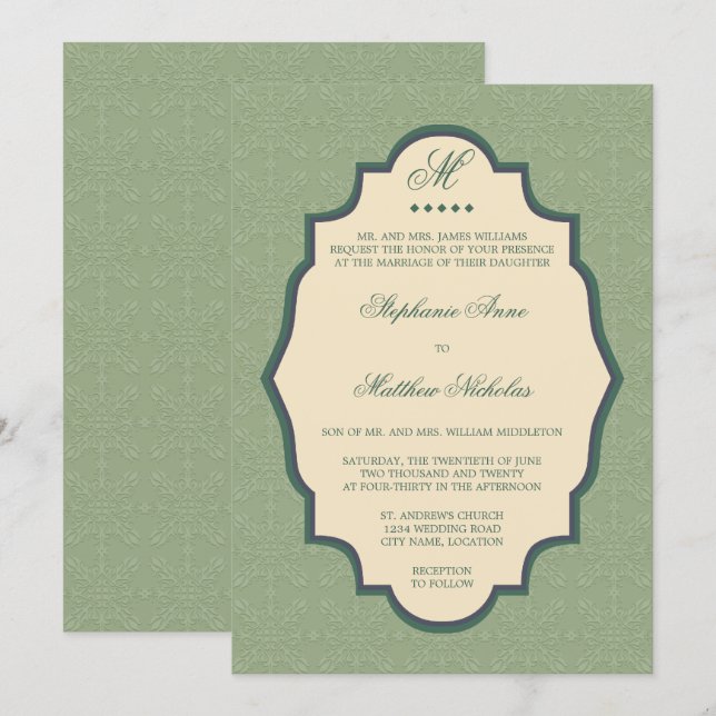 Faire-part de mariage vert sauge à monogramme en d (Devant / Derrière)