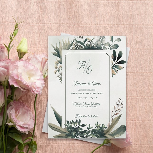 Faire-part de mariage vert sauge Botanical Greener (Botanical Greenery Frame Wedding Invitation | Elegant Sage Green Nature Wedding Invite)