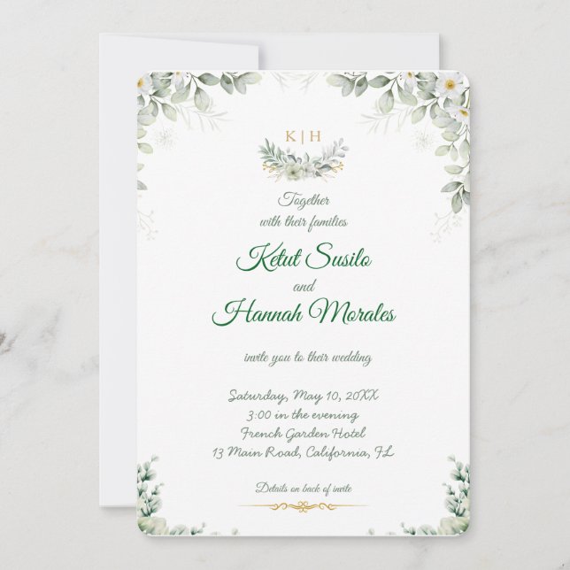 faire-part de mariage vert sauge et bleu marine (Devant)