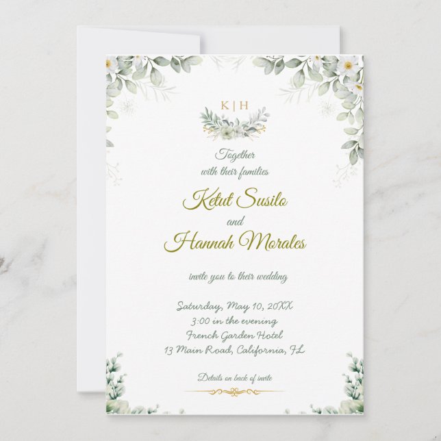 faire-part de mariage vert sauge et bleu marine (Devant)