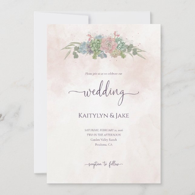 Faire-part de mariage vert succulent et rose (Devant)