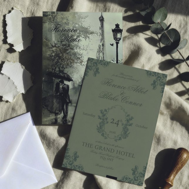 Faire-Part de Mariage Vert Vintage Paris (paris inspired olive green wedding invitation with illustration, vintage victorian style)