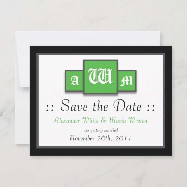 Faire-part de mariage verts modernes à monogramme  (Devant)