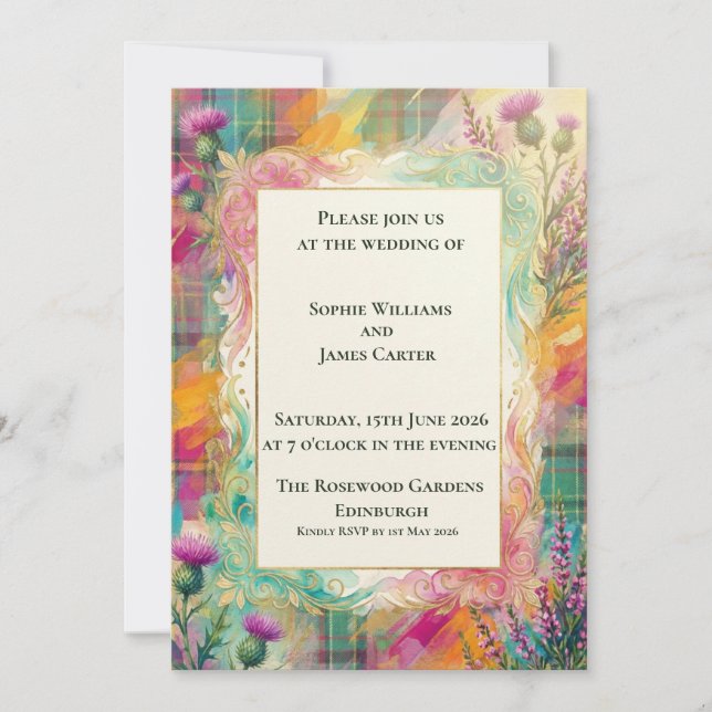 Faire-part de mariage vibrant Tartan Thistle (Devant)