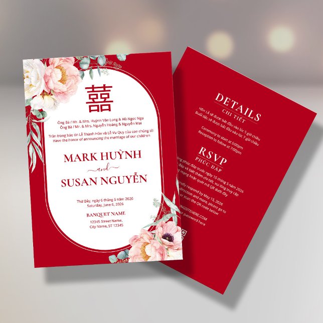 Faire-part de mariage vietnamien bilingue Peony So (Créateur téléchargé)